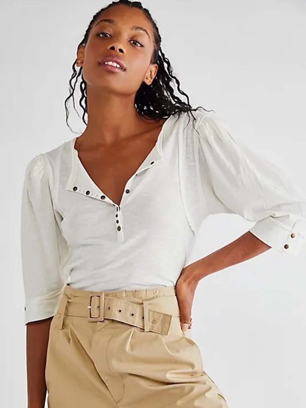 Free People We The Free Snow Drop Henley Ivory XS Puff-Sleeve Henley Top